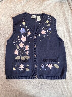 Vintage Northern Reflections Floral Embroidered Sweater Vest Sz L Cottagecore